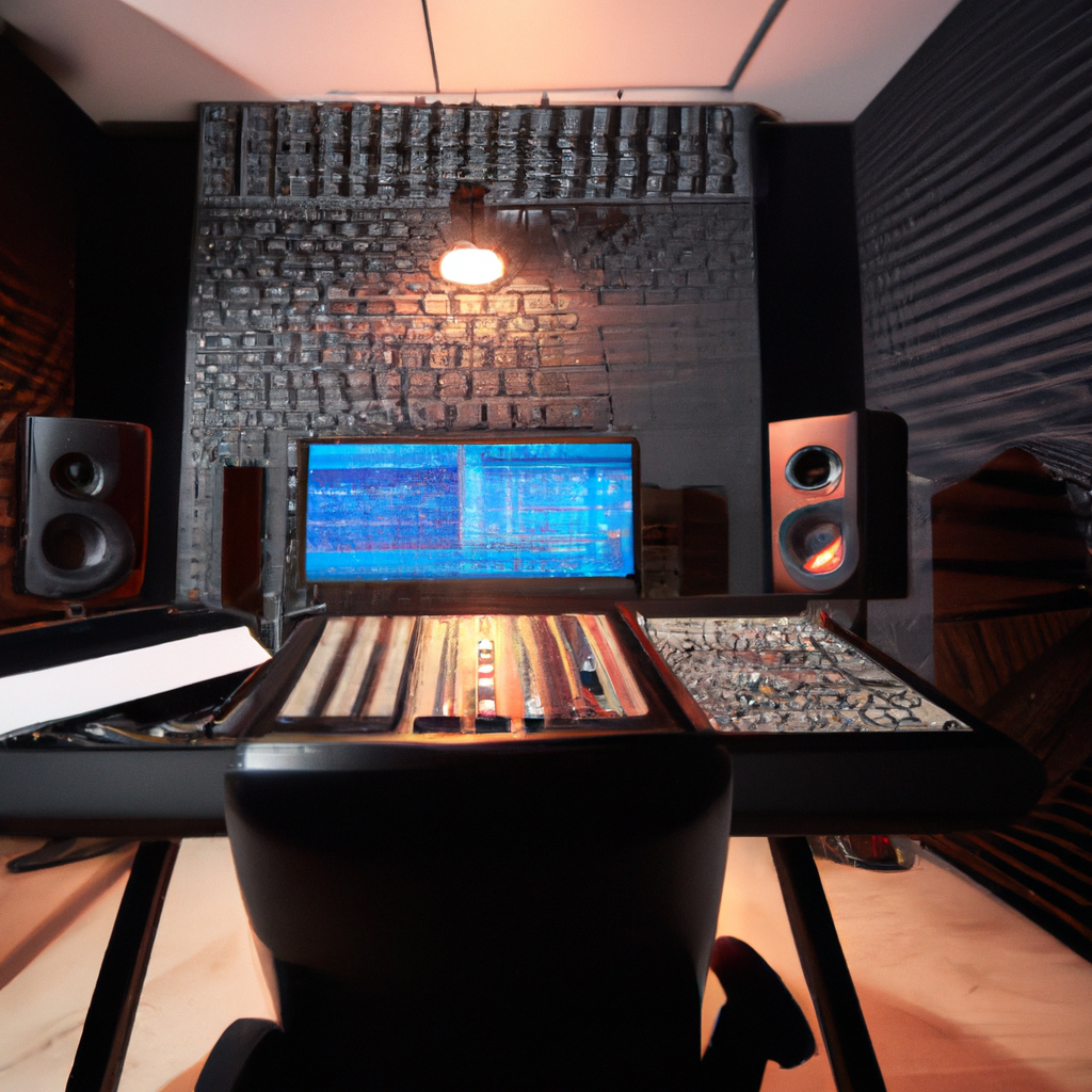 Studio control room with acoustic panels, nearfield monitors, mixing console, and warm cinematic lighting